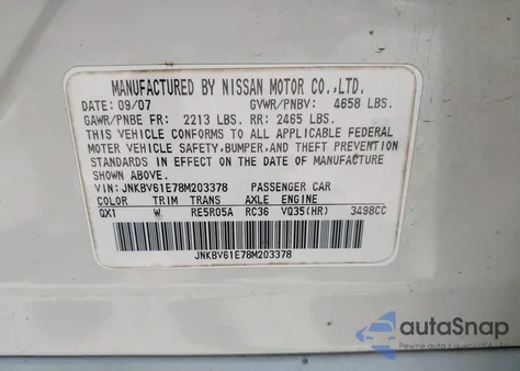 2008 Infiniti G35 Journey from USA, damaged, VIN JNKBV61E78M203378